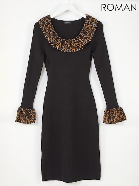Roman Black Leopard Frill Knit Midi Dress (G67059) | £55
