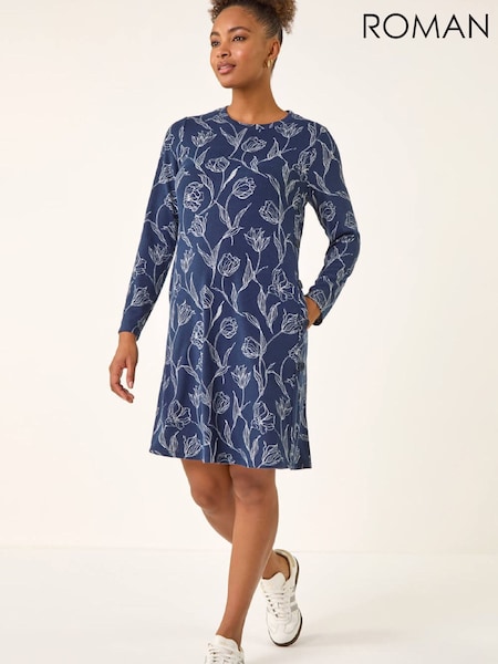 Roman Blue Floral Print Side Button Stretch Dress (G67061) | £48