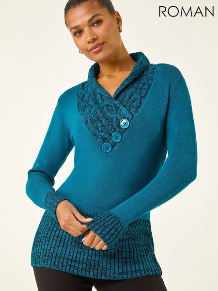 Roman Blue V-Neck Overlap Button Detail Longline Jumper (G67101) | £48