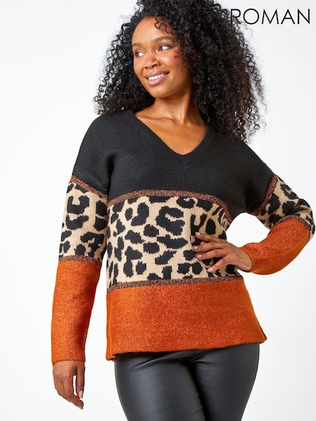Roman Brown Petite Animal Colourblock Stretch Jumper (G67460) | £50
