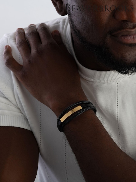 Beaverbrooks Yellow Gold Plated Leather Mens Bracelet (G67559) | £75