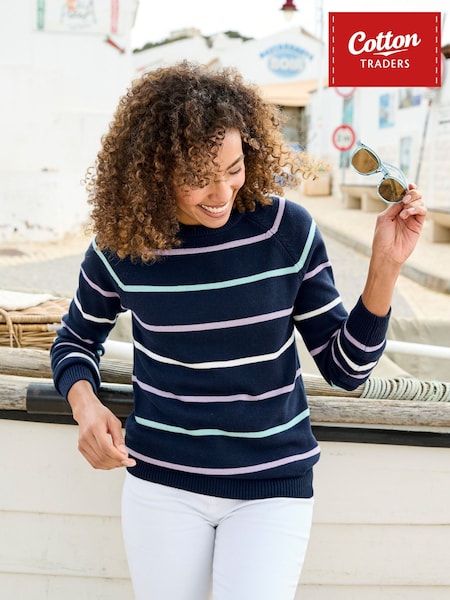Cotton Traders Blue Stripe Cotton Crew Neck Jumper (G67642) | £36