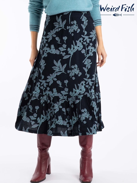 Weird Fish Blue Minnerve Tiered Printed Midi Skirt (G67753) | £50