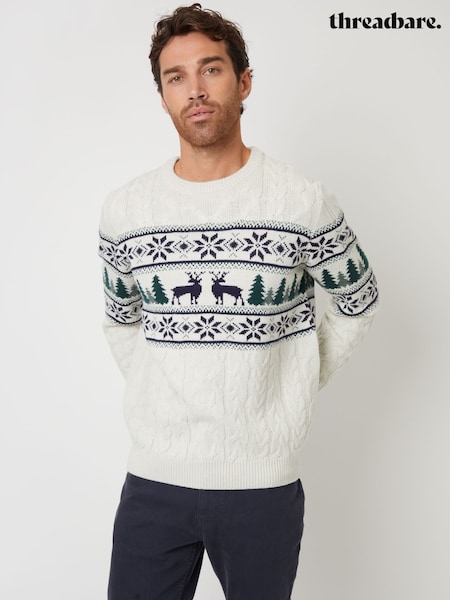 Threadbare Natural Cable Knit Christmas Fairisle Pattern Jumper (G67784) | £26