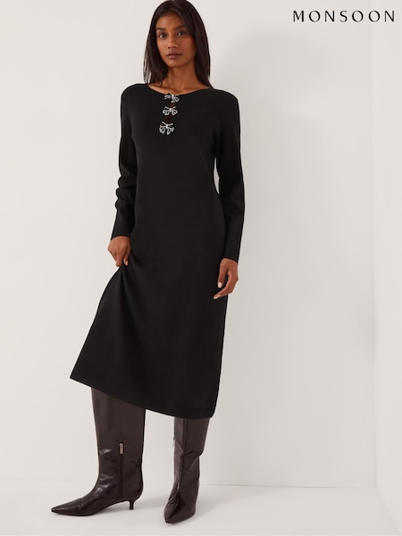 Monsoon Black Bee Bow Knit Midi Dress (G67786) | £90