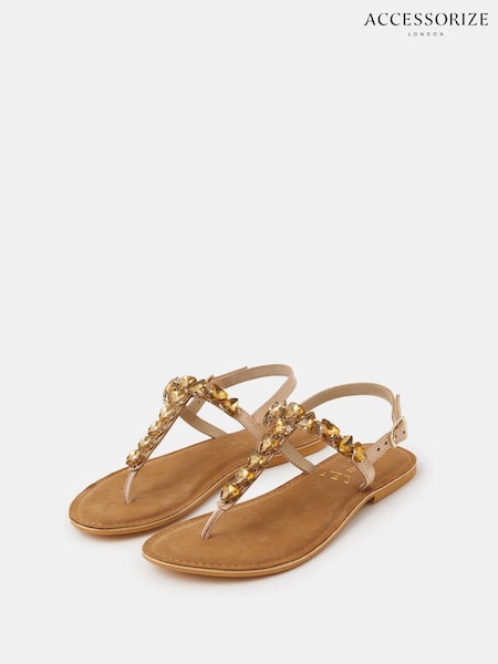 Accessorize Gold Gemstone Leather Sandals (G67922) | £39