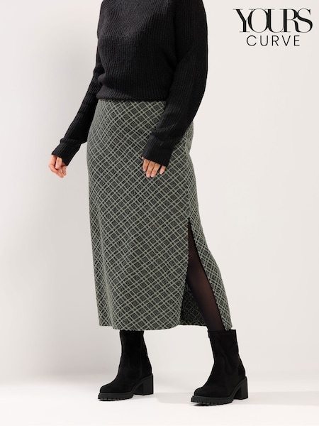 Yours Curve Green Checked Midi Ponte Skirt (G68025) | £29
