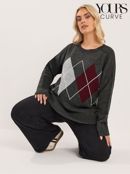 Yours Curve Grey Argyle Jumper (G68057) | £32