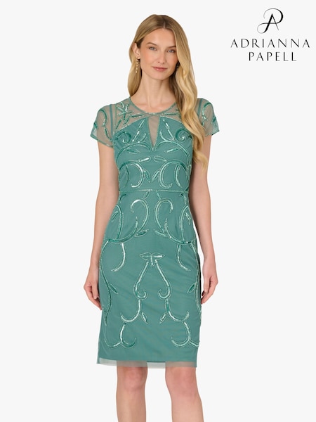 Adrianna Papell Green Studio Bead Mesh Sheath Dress (G68471) | £149