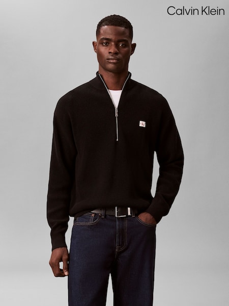 Calvin Klein Black Cotton Waffle Relaxed Quarter Zip Jumper (G68678) | £90