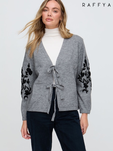Raffya Grey Lola Tie Front Embroidered Grey Cardigan (G68785) | £48