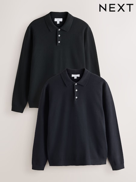 Black/Navy Blue - Regular Knitted Polo Shirts 2 Pack