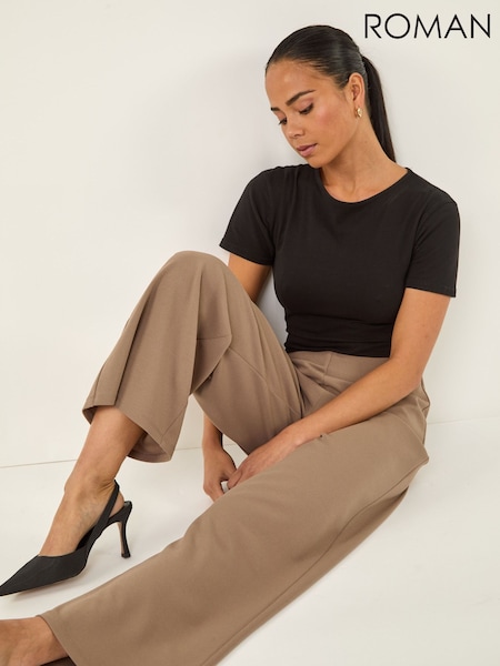 Roman Natural Petite Wide Leg Stretch Trousers (G69140) | £32