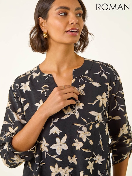 Roman Black Floral Wrap Hem Tunic Top (G69372) | £42
