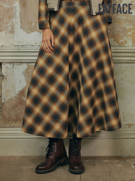 Tan Brown - Fatface Check Midi Skirt