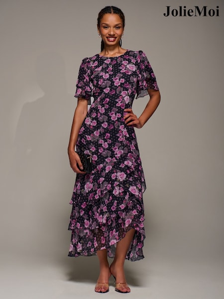 Jolie Moi Black Ground Ruffle Detail Chiffon Midaxi Dress (G70833) | £78