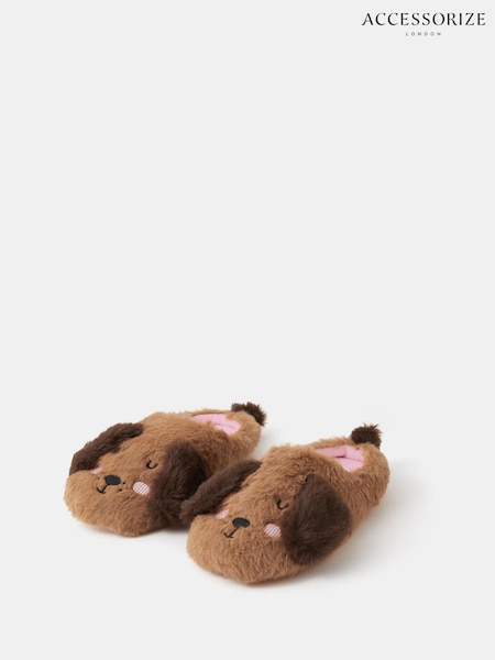 Accessorize Cream Girls Fluffy Dog Slippers (G71030) | £14 - £15