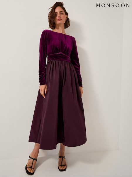 Monsoon Purple Vita Velvet Midi Dress (G71047) | £89