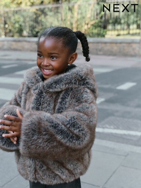 Warm Brown - Faux Fur Coat With Hood (3-16yrs)