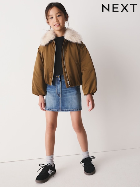 Olive Green - Faux Fur Collar Satin Bomber Jacket (4-16yrs)