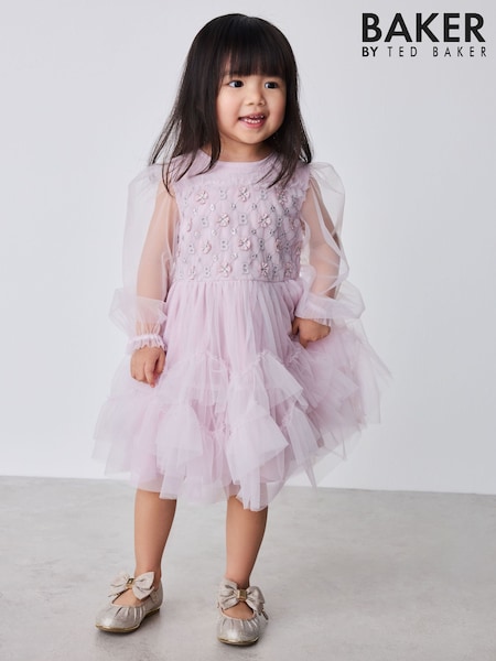 Pink - Baker By Ted Baker Pink Mesh Long Sleeve Embroidered Detail Dress