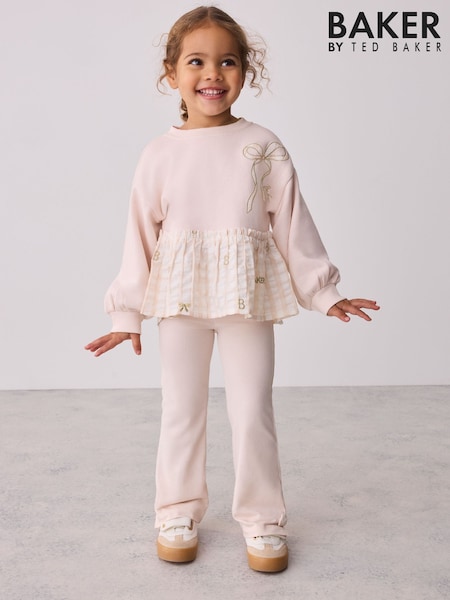 Pink/Cream - Baker By Ted Baker 2 Piece Gingham Bow Sweat Top & Flare Leggings Set