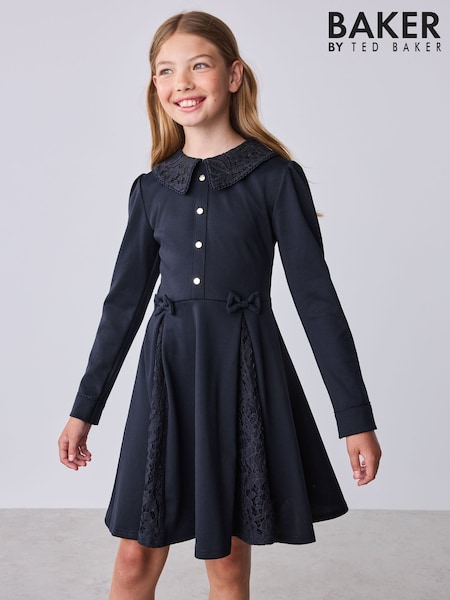 Navy - Baker By Ted Baker Lace Collar Pleated Ponte Dress