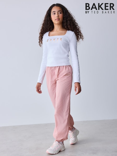 Pink - Baker By Ted Baker 2 Piece Ribbed Top & Nylon Balloon Shape Trousers Set