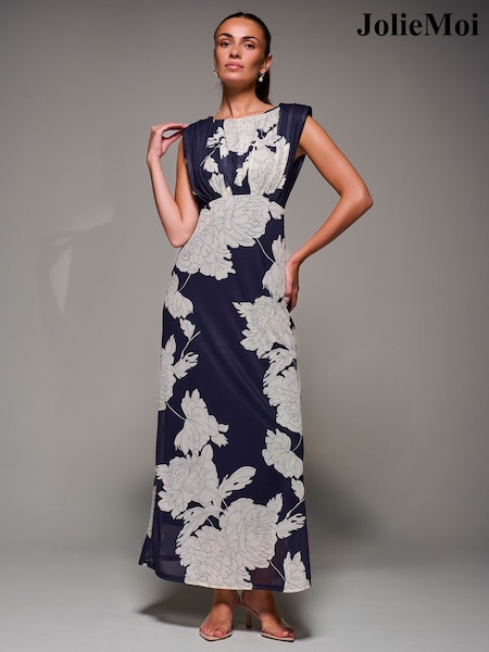 Jolie Moi Blue Slash Neck Fit & Flare Mesh Maxi Dress (G71866) | £75