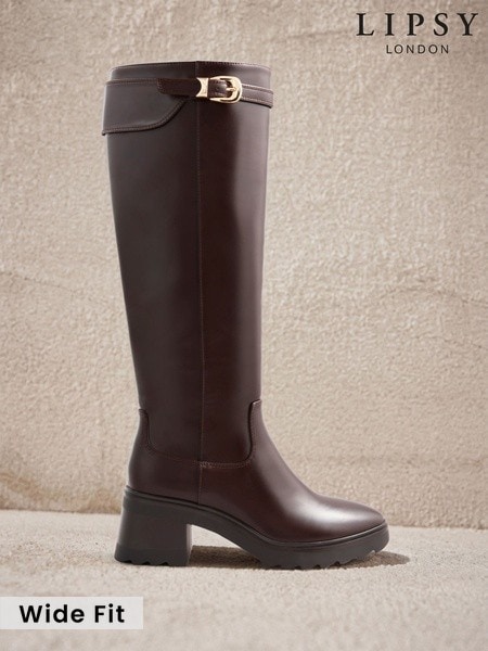 Chocolate Brown - Lipsy Faux Leather Patent Chunky Mid Block Heeled Boots