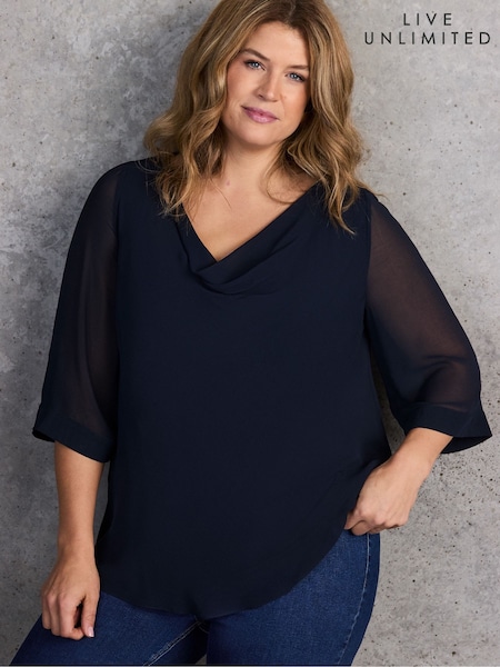 Live Unlimited Blue Navy Cowl Neck Overlay Tunic (G74016) | £65