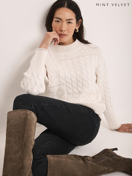 Mint Velvet White Cotton Blend Embroidered Detail Jumper (G74134) | £110