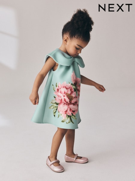 Green - Sleeveless Diamante Scuba Collar Dress (3mths-7yrs)