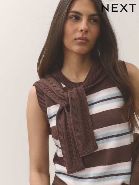 Chocolate Brown Stripe - Cotton Scarf Layer Sleeveless Jumper