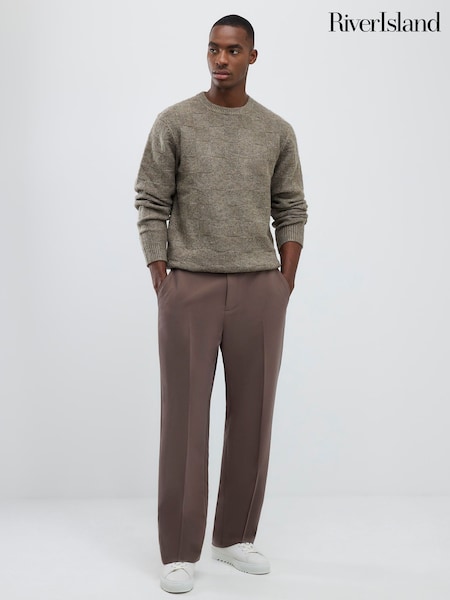 River Island Natural Slim Fit Knitted Check Crew Neck Jumper (G74637) | £36