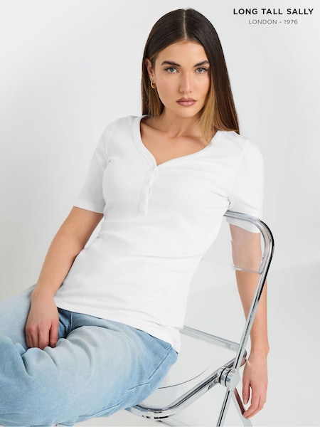 Long Tall Sally White Ribbed Short Sleeve Henley Top (G74719) | £20