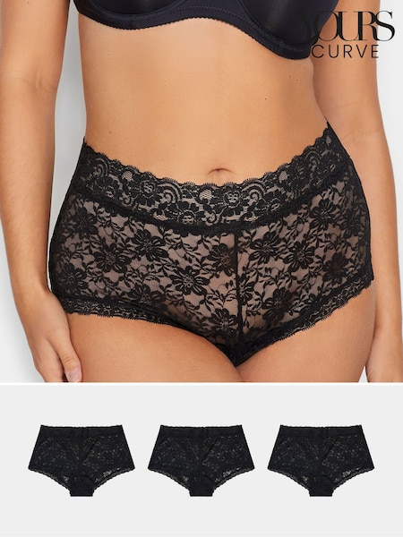 Yours Curve Black Lace Mid Rise Briefs 3 Pack (G74724) | £20