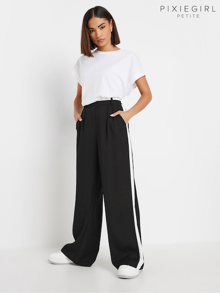 PixieGirl Petite Black Side Stripe Contrast Waist Wide Leg Trousers (G74729) | £39