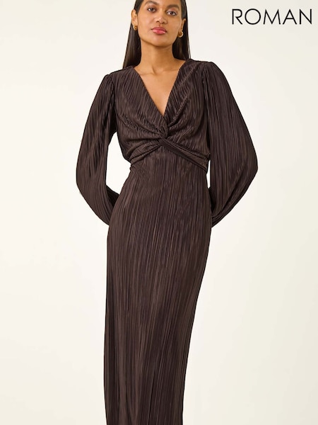 Roman Brown Plisse Twist Front Midi Dress (G74739) | £65