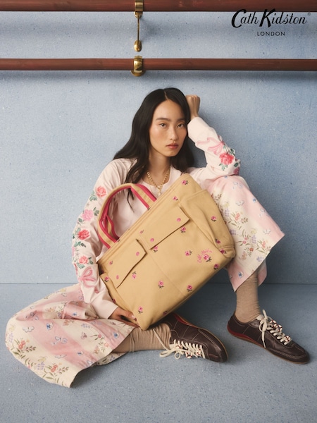 Tan Brown Embroidered Rose - Cath Kidston Large Market Tote Bag