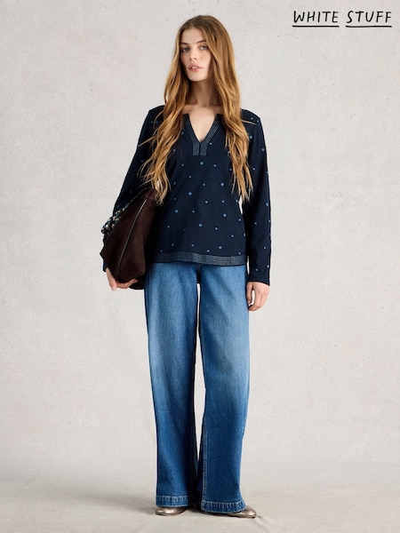 White Stuff Blue Weaver Long Sleeve Notch T-Shirt (G74887) | £55