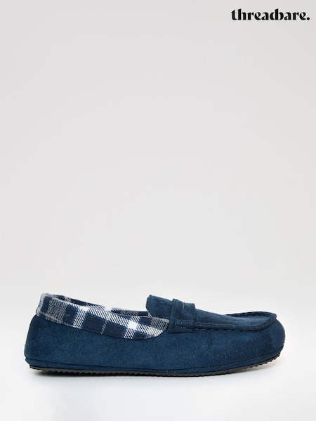 Threadbare Blue Faux Suede Fabric Trim Moccasin Slippers (G75331) | £22