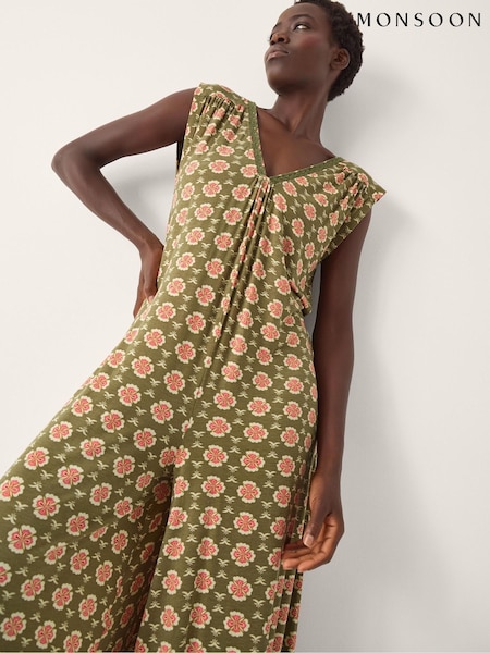 Monsoon Green Maddie Sleeveless Floral Print Jumpsuit (G75475) | £69