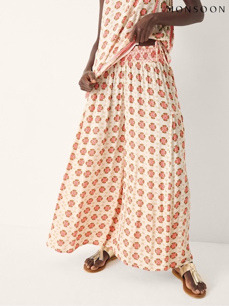 Monsoon Natural Maddie Floral Print Wide Leg Trousers (G75482) | £55