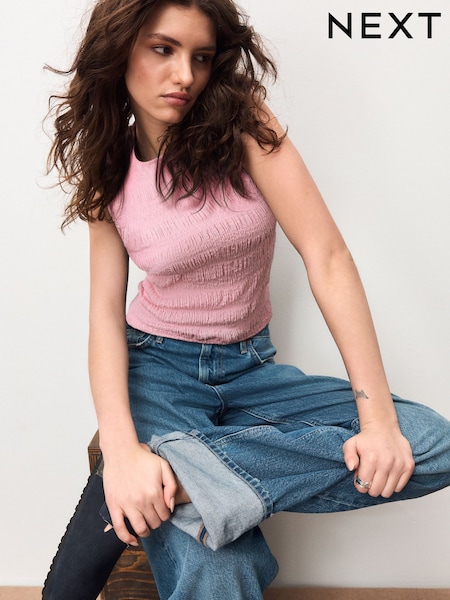 Pink - Short Sleeve Shirred Textured Crew Neck Top