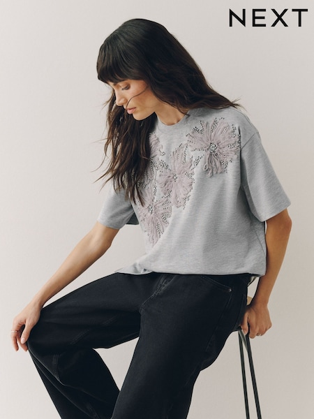 Grey - Short Sleeve Floral Embellished T-shirt