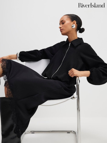 River Island Black Long Sleeve Suedette Bomber Jacket (G75995) | £49