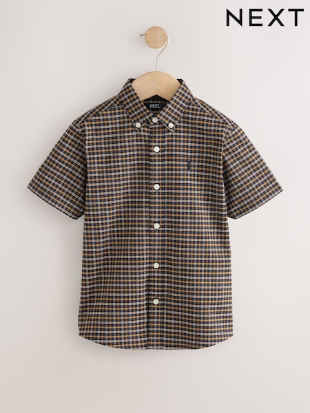 Chocolate Brown Gingham - Short Sleeve Cotton Rich Oxford Shirt (3-16yrs)