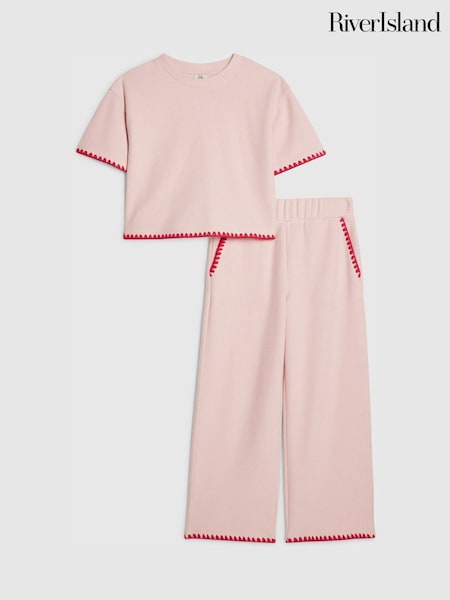 River Island Pink Whipstitch Cropped Top & Joggers Set (G76724) | £29