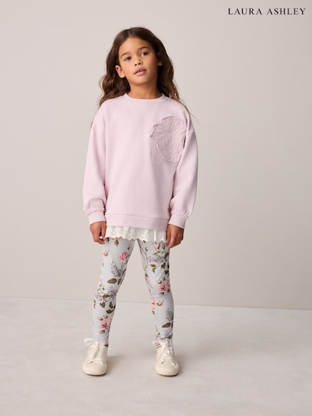 Pink/Green - Laura Ashley Embroidered Mock Sweatshirt And Leggings Set
